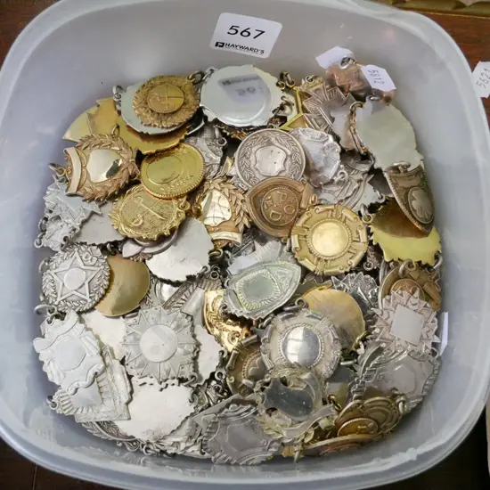 box; numerous unmarked medals and medallions