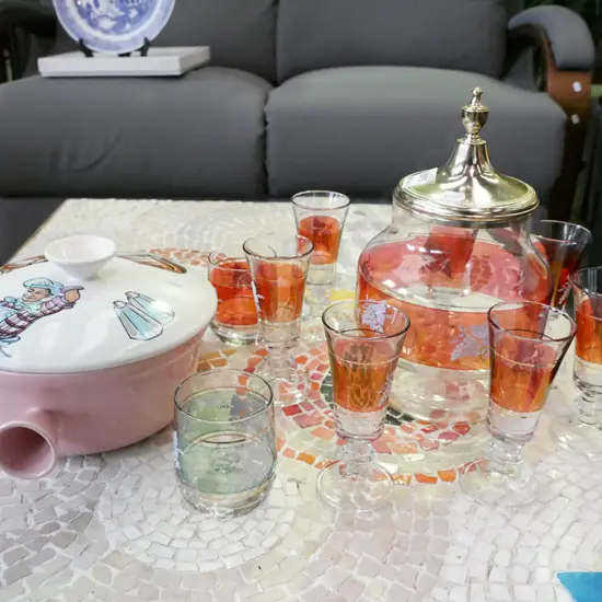 retro ruby glass and gold punch bowl with 6 matching glasses, 2 tumblers, lidded vege