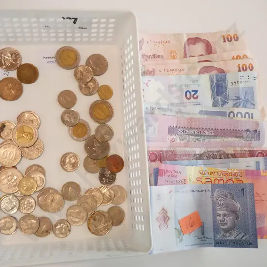 tray of coins and bank notes - tray not included