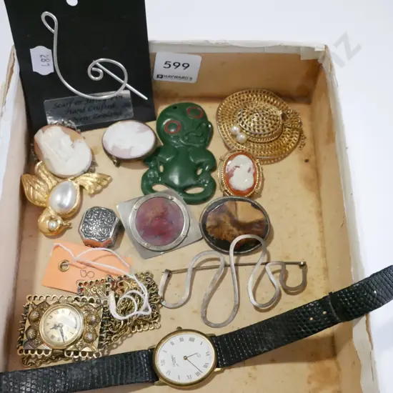 box; plastic tiki, watches, cameo brooches etc