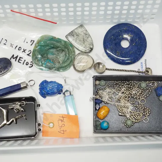 tray of charms, necklace, semi-precious stones, pendants, carvings, elephant coin spoon, etc. - tray not included