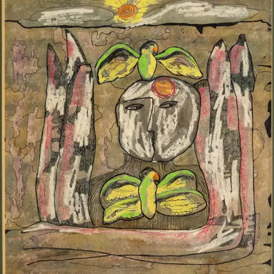 Thelma McDougall - framed ink and pastel H-220 W-220