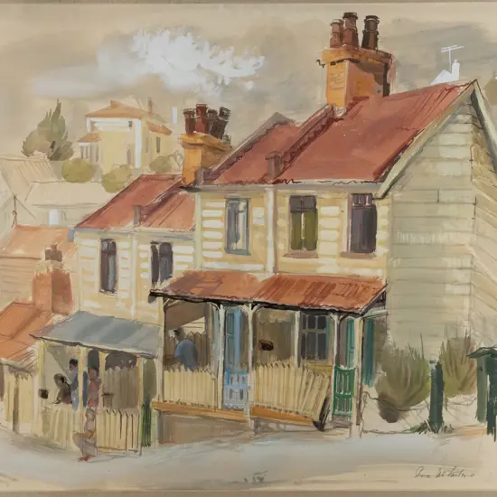 Shona McFarlane - framed watercolour - row of houses H-480 W-580 (underside of glass needs a clean)
