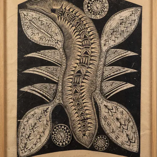 Michel Tuffery 1988 - framed woodcut on tapa cloth "Centipede, Atualoa" H-770 W-550