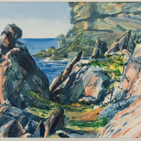 Paul Brocklebank 1970 - framed watercolour "Headland at Avalon Beach" H-280 W-450 (framing needs attention)