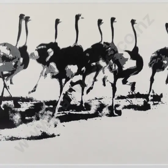illegible signature - framed screenprint - ostriches H-290 W-430