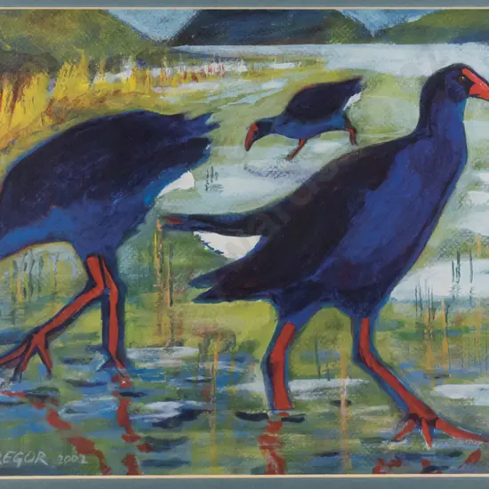 CB McGregor 2002 - framed watercolour - pukekos H-280 W-380 (framing needs attention)