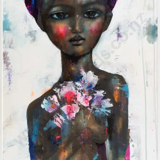 Suzy Platt 2019 - framed gouache and oil on paper "Eve With Flowers" H-575 W-400