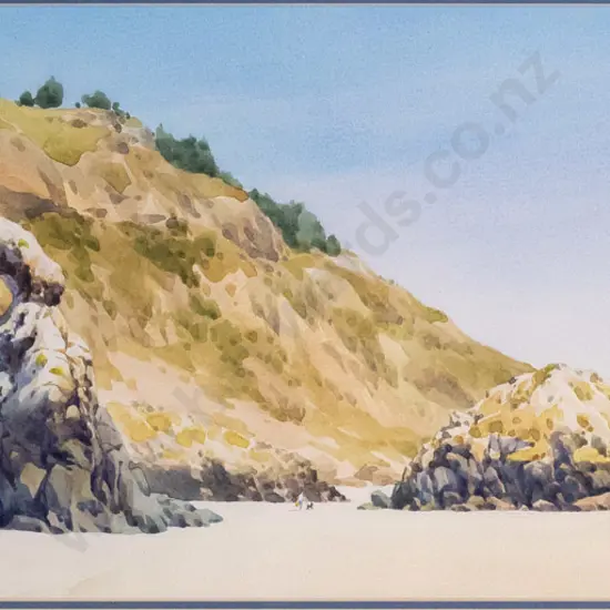 Ping Wang 2001 - framed watercolour "Aramoana Beach" H-320 W-760