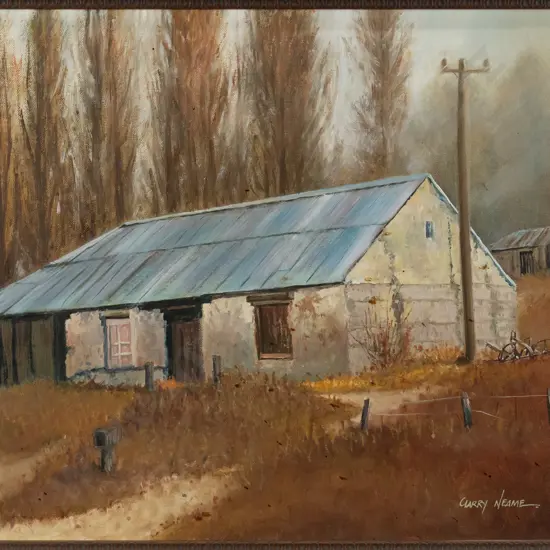 Clarry Neame - framed oil - country building H-400 W-500