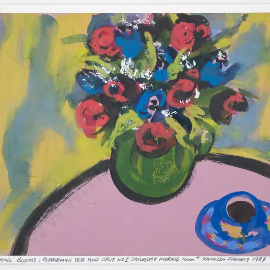 Kathleen Fogarty 1987 - unframed watercolour - "Spring blooms, peppermint tea" H-160 W-190