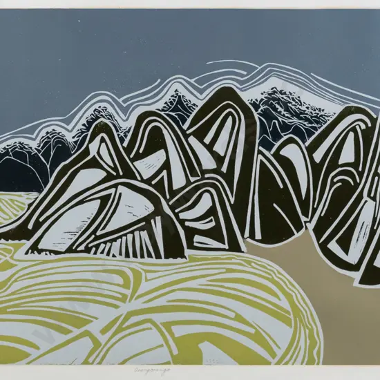 Robert Phillips 1972 - framed linocut "Orongorongo H-450 W-820