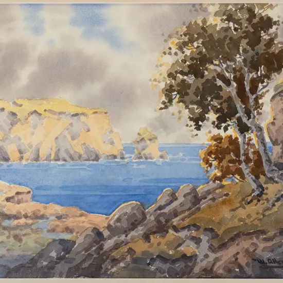 W Allen Bollard - framed watercolour - coastal scene H-250 W-340