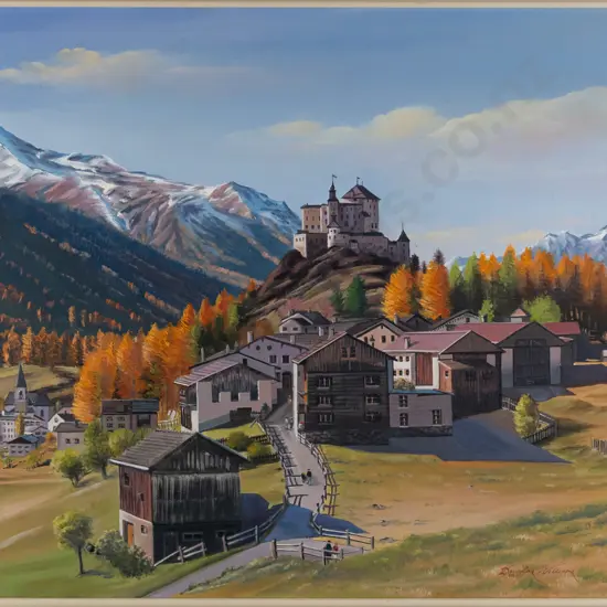Douglas Williams - framed oil on canvas "Autumn in Engiadina Switzerland" H-480 W-480