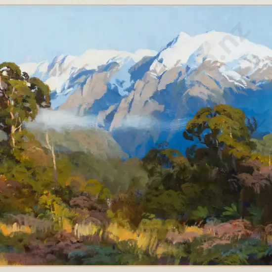 Brent Trolle - framed oil "Towards the Geikie snow field, Franz Josef Glacier" H-200 W-420