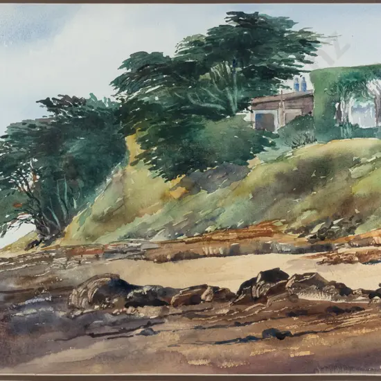 Joan Hardey - framed watercolour "Cottage at Shag Point" H-350 W-510