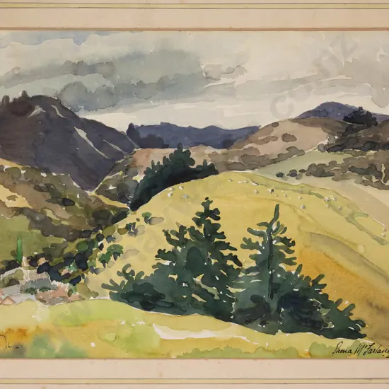 Shona McFarlane 49 - unframed watercolour - landscape H-215 W-280 (extensive foxing to mat)