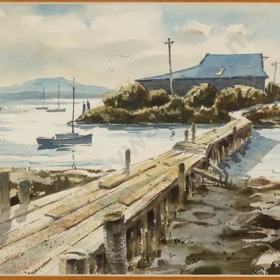Garrick Tremain - framed watercolour "Board Walk, Bluff" H-250 W-350