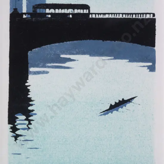 illegible signature - framed ltd edition print  - boat on river  H-145 W-100