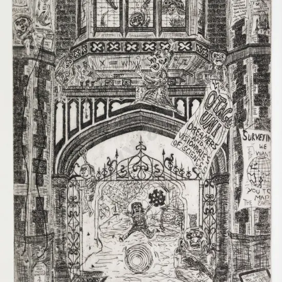 Jenny Leyden 2008 - framed etching 2/10 "Sciences Gargoyles" H-250 W-160