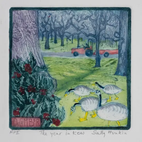 Sally Hunkin - framed etching AP II "The year in Kew" H-110 W-110