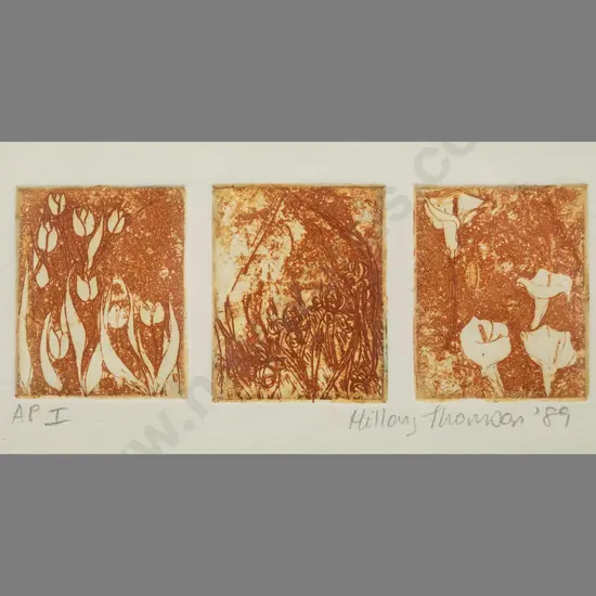 Hillary Thomson 1990 - framed triptych etching AP I - flowers H-55 W-155