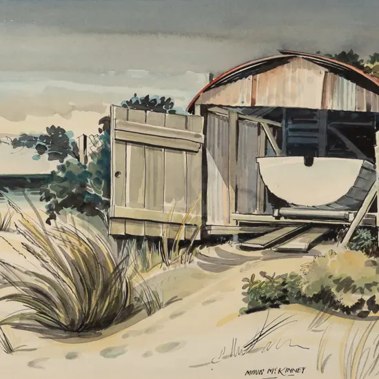 Mavis McKinney - framed ink and watercolour - dinghy in boat shed H-230 W-330