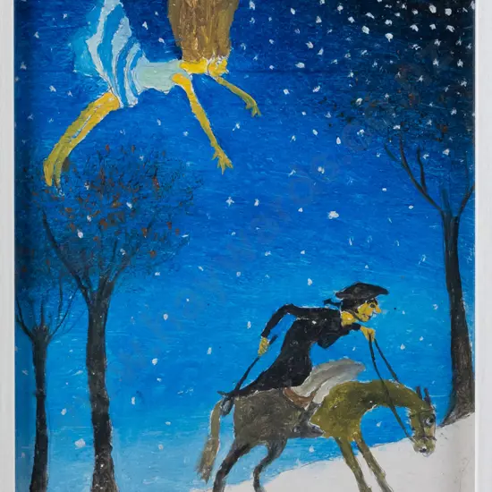 Ivan Hill - framed watercolour - person riding horse in snow H-190 W-140