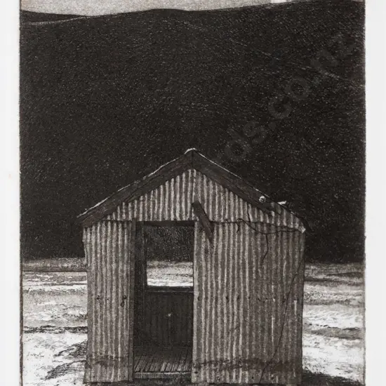 Grahame Sydney June 1980 - framed etching 2/25 "Huntaway Hut" H-140 W-105