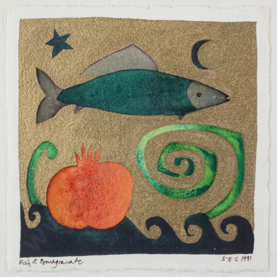 S.E.C 1991 - framed mixed media "Fish & Pomegranate' H-95 W-95