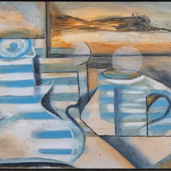 MC Wassenaar '04 - framed oil - blue and white striped objects H-295 W-410