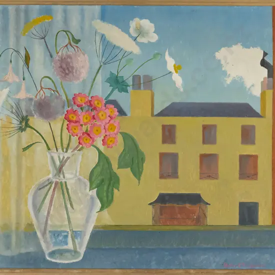Robert Pulleine - framed oil - flowers in vase on window sill H-360 W-450
