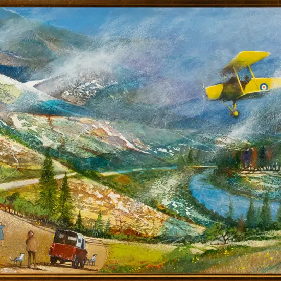 Maynard Waters - framed oil on board - "Moth over Wanaka" H-370 W-560
