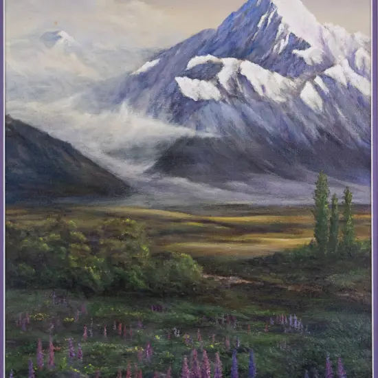 Dudley Waters Aug '03 - framed oil "Mt Cook and Wild Lupins" H-450 W-350