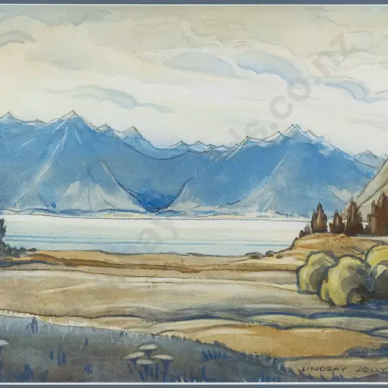 Lindsay Jolly - framed watercolour - lake and mountain scene H-260 W-330