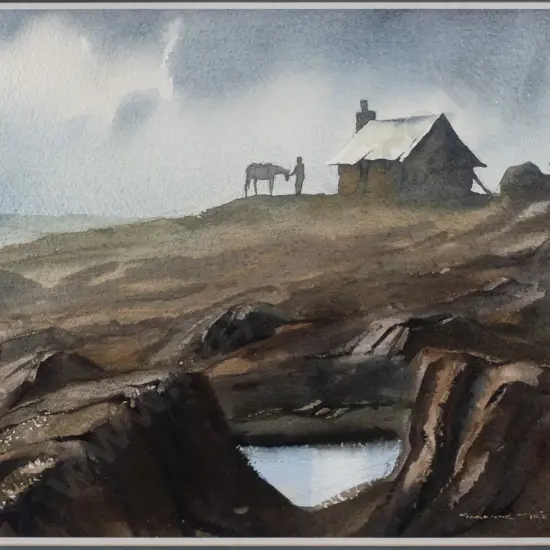 Garrick Tremain - framed watercolour - horse and rider by hut H-250 W-350