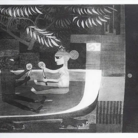 Pamela MacFarlane '81 - framed etching 7/50 "Travellers" H440 W-580 (slight marking to mat)