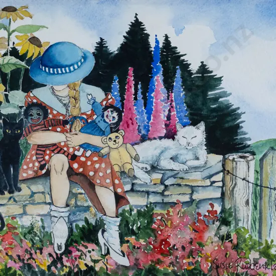 Susie Ruddenklau '95 - framed ink and watercolour - girl and cat H-290 W-350 (slight foxing to mat)