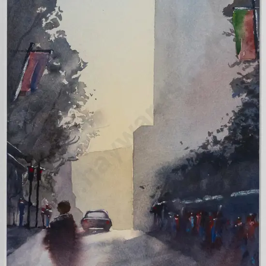 Scott Drummond - framed watercolour "Late for work" H-340 W-190