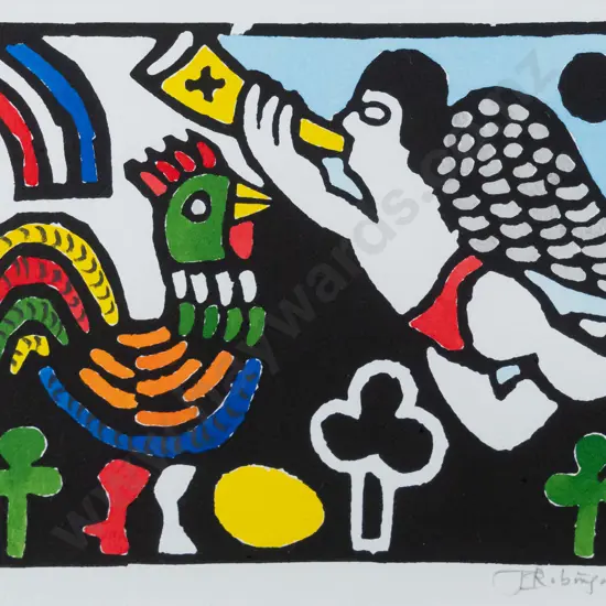 John Z Robinson '96 - framed linocut - angel and rooster H-145 W-190