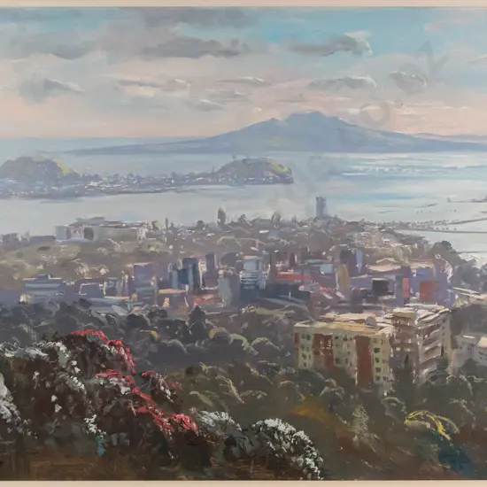 John Speedy 1990 - framed oil on canvas "Morning Light From Mt Eden" (slight damage to frame)