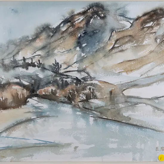 Elizabeth Stevens - framed watercolour - lake and mountain scene H-330 W-420