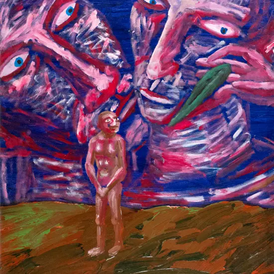 Brent Hargreaves 1990 - framed acrylic onboard - "Naked Adam" H-400 W-370