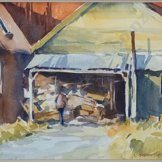 Brent Trolle - framed watercolour "Behind the front shop yards Hokitika" H-250 W-350