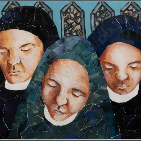 unsigned framed mixed media collage - nuns H-410 W-570