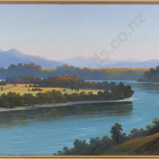 John Douglas Perrett - framed pastel -  "The Waiau River above Tuatapere Township" H-270 W-500 (slight foxing to mat)