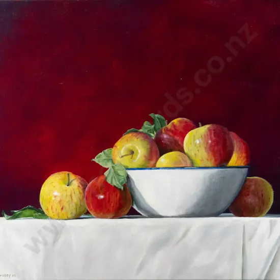 M Guernsey '03 - boxed oil on canvas - still life apples H-500 W-600