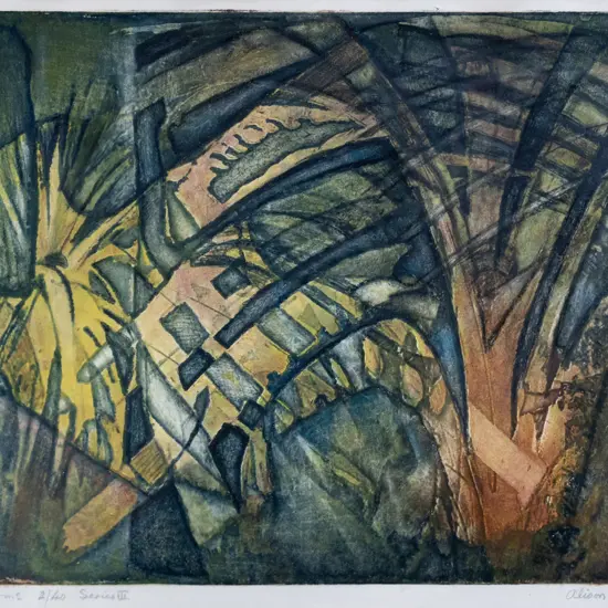 Alison Pickmere '69 - framed linocut 2/40 "Bush Forms Series III" H-370 W-490 (framing needs attention)