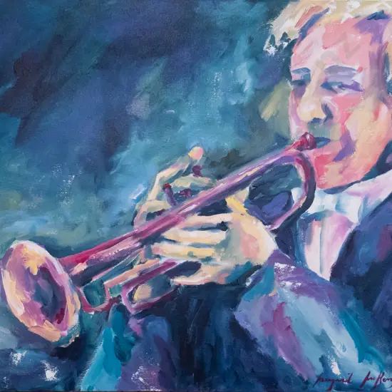 Margaret McKenna - boxed acrylic on canvas "Blow Your Own Trumpet" H-600 W-800