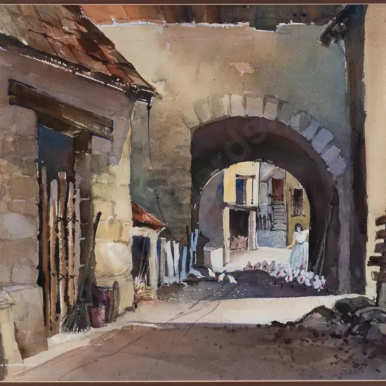 Stan Hopkins '80 - framed watercolour - woman feeding chickens H-480 W-330